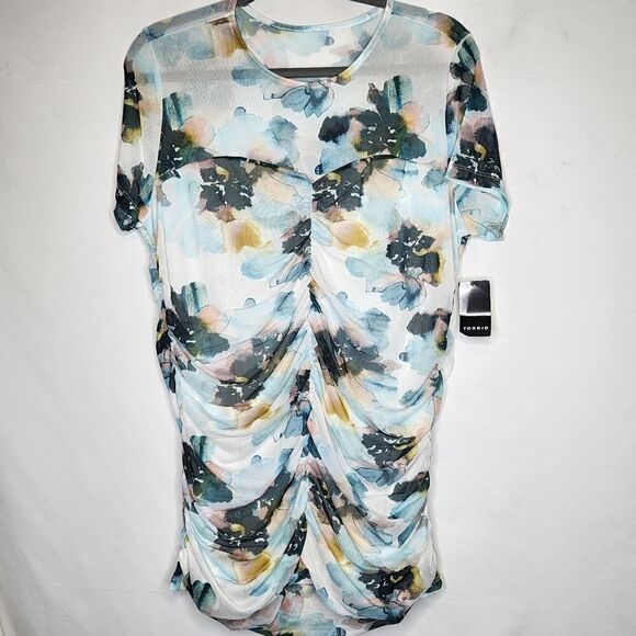 2X 18W 20W Torrid Blue Floral Stretch Mesh Crew Neck Ruched Top Sweetheart blue - Picture 4 of 7